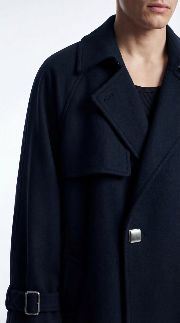 Oversized Wool-Cashmere Trench Coat in Navy