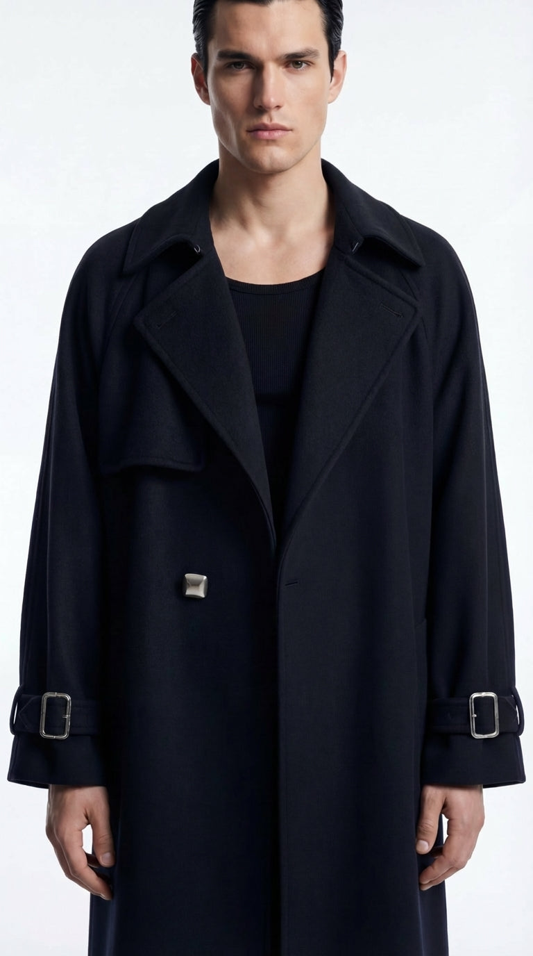 Oversized Wool-Cashmere Trench Coat in Navy