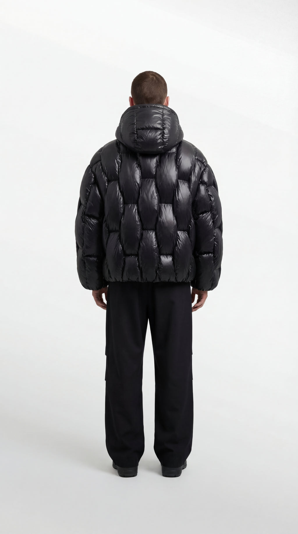 Hooded Puffer Jacket in Black Nylon