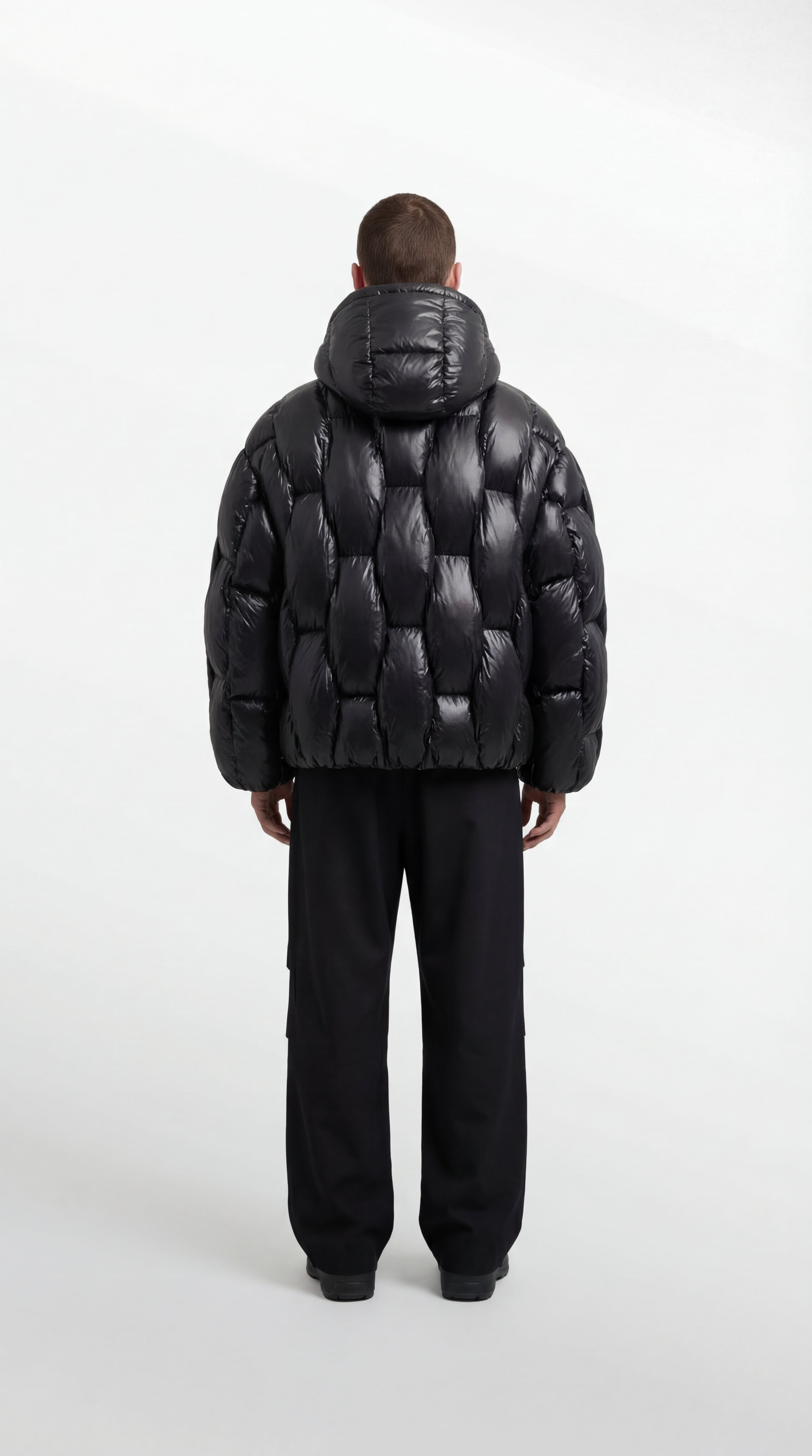 Hooded Puffer Jacket in Black Nylon