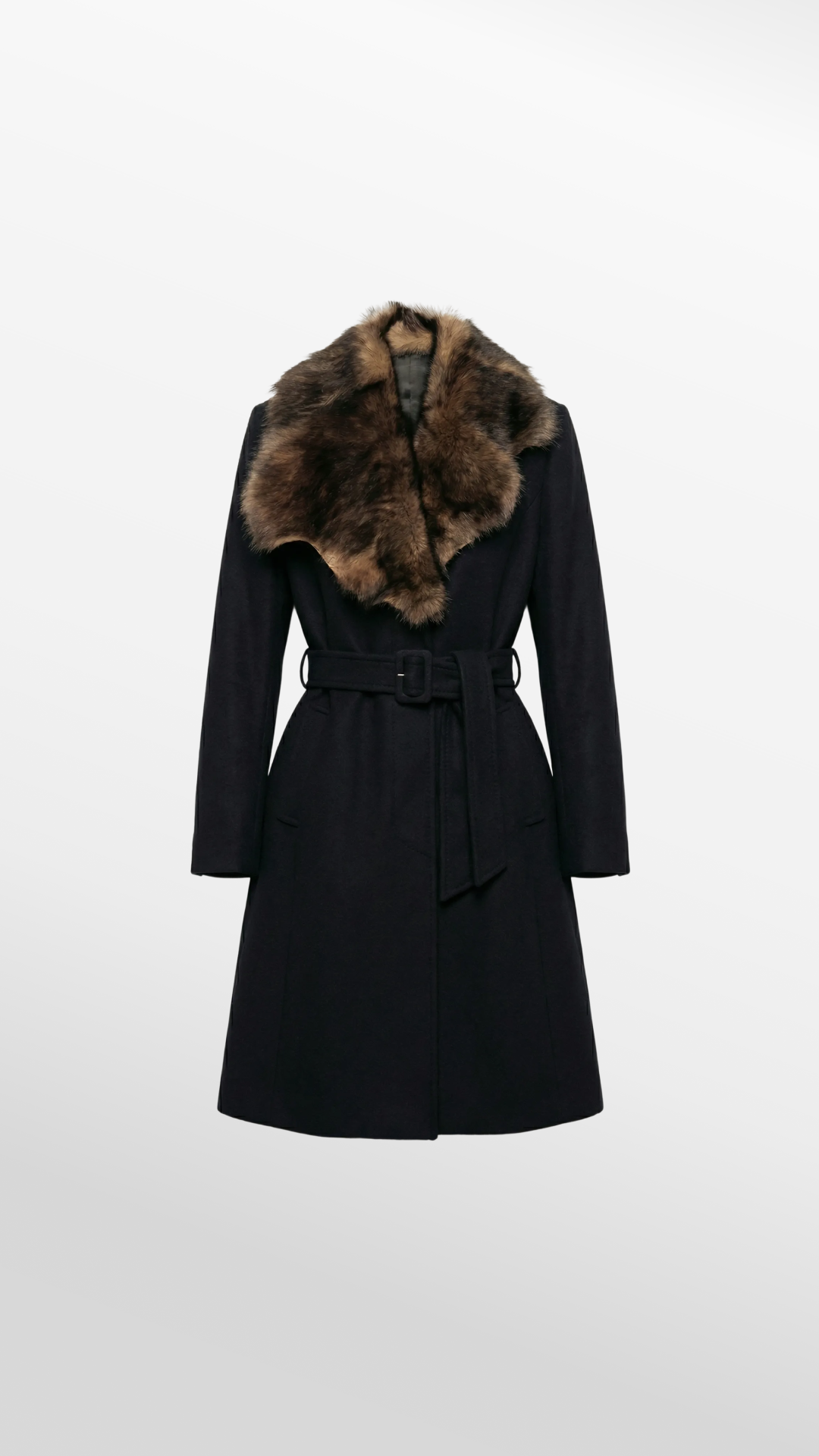 Belted Wool Coat with Fur Collar in Black Wool-Cashmere