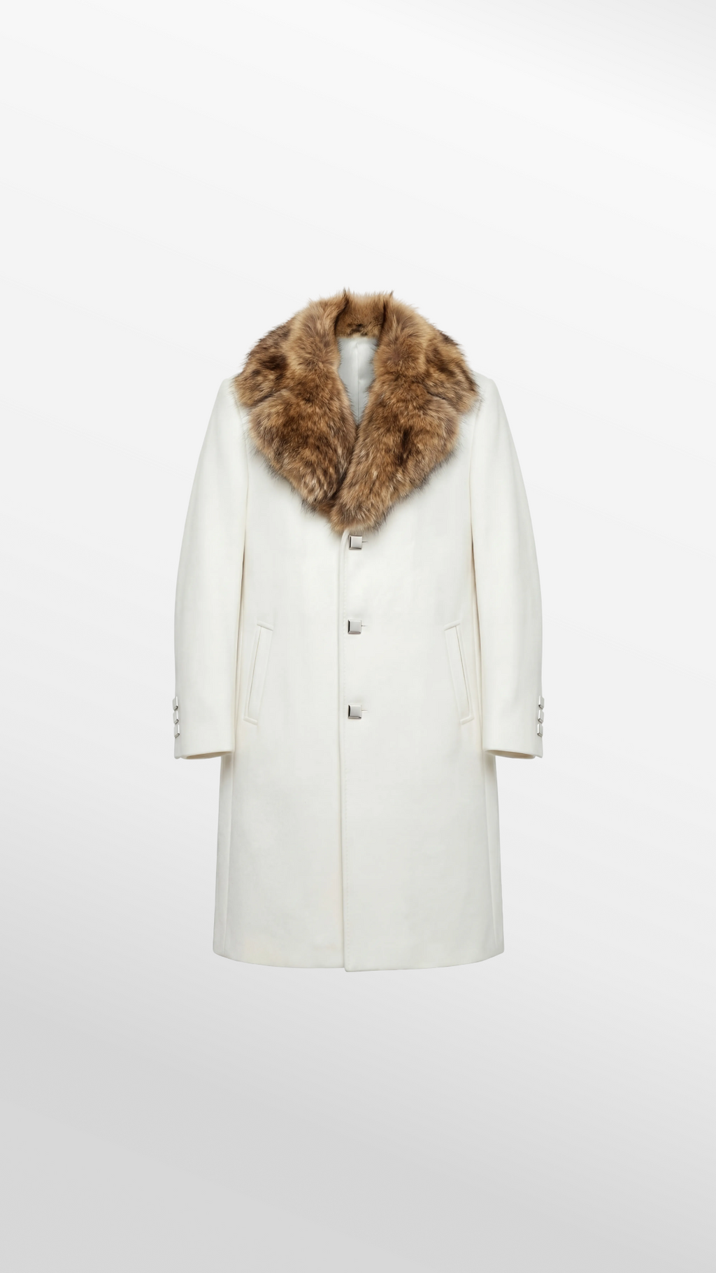 Single-breasted overcoat with detachable fur collar in cream wool-cashmere blend