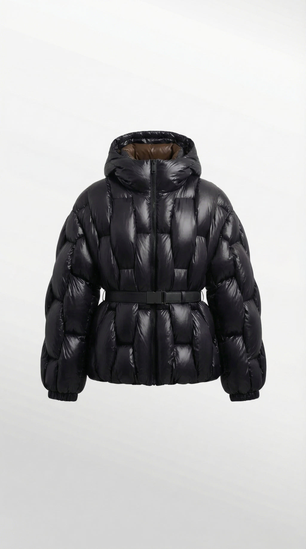 Belted Hooded Down Puffer Jacket in Lacquered Nylon